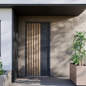 Eingangstür mit Türanschlag links - 207 x 100 cm - Stahl - Schwarz mit eichefarbenen Streifen - COBRITA