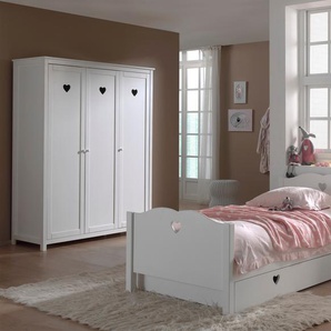 Einzelbett mit Schublade Nachtkonsole und Kleiderschrank Set Amori MDF Weiß