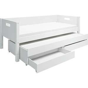 Einzelbett THUKA Betten Gr. Hintere Absturzsicherung in MDF-Ausziehbett mit 2 Schubladen, Liegefläche B/L: 90 cm x 200 cm Höhe: 65 cm, kein Härtegrad, weiß (weiß, weiß, weiß) Bettgestell Bettgestelle Thuka Nordic produziert bei Flexa, incl Rollrost