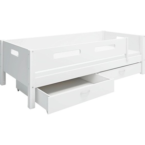 Einzelbett THUKA Betten Gr. Hintere Absturzsicherung in MDF-Schubladensatz mit 2 Stück-Absturzsicherung vorne in MDF, Liegefläche B/L: 90 cm x 200 cm Höhe: 65 cm, kein Härtegrad, weiß (weiß, weiß, weiß) Bettgestell Bettgestelle Thuka Nordic produziert bei
