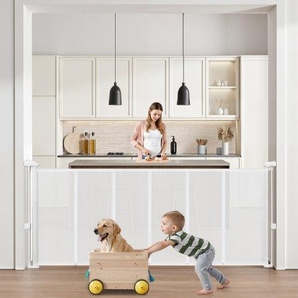 einziehbares Babygitter ausziehbar (max. 180 cm breit 87 cm hoch), einziehbares Gitter für Kinder oder Haustiere, Netzmaterial, Türsturzgitter für Innentreppen Türen Flure Spielzimmer, weiß WZSSMBS71INCQFA4Z001V0