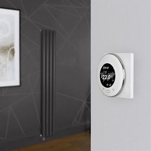 Elektrischer Design Heizkörper (einlagig), 1600mm x 236mm, vertikal - Grau (Carbon Grey) - inkl. rundem Thermostat & Kabelabdeckung - Revive