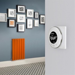 Elektrischer Design Heizkörper (einlagig), 635mm x 413mm, horizontal - Orange (Sunset Orange) - inkl. rundem Thermostat & Kabelabdeckung - Revive