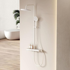 EMKE Duschsystem mit Thermostat 40cm Thermostatische Platte Duschsäuleset 2-in-1-Filter-Großbrause und Handbrause Weiß