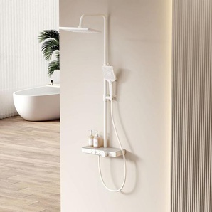 EMKE Duschsystem mit Thermostat Duschset Duschsäuleset mit Brausestange Handbrause mit 3 Strahlstärken Duschsystem Weiß