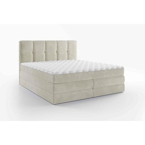 Esposa Boxspringbett, Creme, Textil, H2 + H3, Höhe ca. 19 cm, 180x200 cm, gepolstertes Kopfteil, Stoffauswahl, Wendematratze mit unterschiedlichen