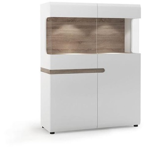 Ess-/Wohnzimmer Highboard weiß Hochglanz mit Trüffel Eiche Nb. LEGNICA-129, b/h/t ca. 109,5/143,5/42 cm
