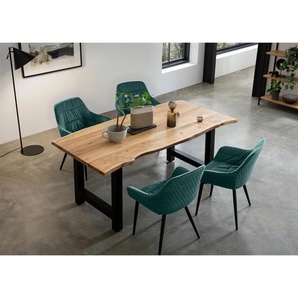 Essgruppe 160x85 cm, Akazien Holz, für 4 Personen, Tisch Akazie, Stühle tannengrün - Sitzgruppe, Tischgruppe, Essgarnitur