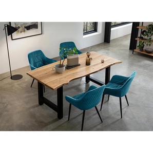 Essgruppe 160x85 cm, Akazien Holz, für 4 Personen, Tisch Akazie, Stühle türkis - Sitzgruppe, Tischgruppe, Essgarnitur