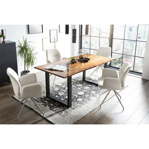 Essgruppe 160x85 cm, Akazien Holz, für 4 Personen, Tisch Cognac, Stühle creme - Sitzgruppe, Tischgruppe, Essgarnitur