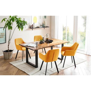 Essgruppe 160x85 cm, Akazien Holz, für 4 Personen, Tisch Cognac, Stühle gelb - Sitzgruppe, Tischgruppe, Essgarnitur