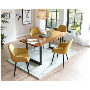Essgruppe 160x85 cm, Akazien Holz, für 4 Personen, Tisch Cognac, Stühle gelb - Sitzgruppe, Tischgruppe, Essgarnitur