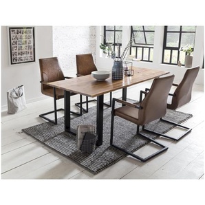 Essgruppe 160x85 cm, Akazien Holz, für 4 Personen, Tisch Cognac, Stühle hellbraun - Sitzgruppe, Tischgruppe, Essgarnitur