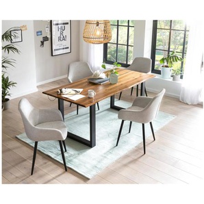 Essgruppe 160x85 cm, Akazien Holz, für 4 Personen, Tisch Cognac, Stühle hellgrau - Sitzgruppe, Tischgruppe, Essgarnitur