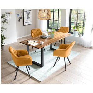 Essgruppe 160x85 cm, Akazien Holz, für 4 Personen, Tisch Cognac, Stühle senfgelb - Sitzgruppe, Tischgruppe, Essgarnitur