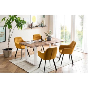 Essgruppe 160x90 cm, Akazien Holz, für 4 Personen, Tisch Akazie, Stühle gelb - Sitzgruppe, Tischgruppe, Essgarnitur