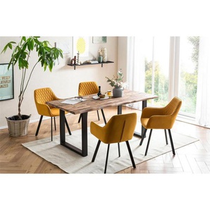 Essgruppe 160x90 cm, Akazien Holz, für 4 Personen, Tisch Akazie, Stühle gelb - Sitzgruppe, Tischgruppe, Essgarnitur