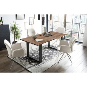 Essgruppe 160x90 cm, Akazien Holz, für 4 Personen, Tisch Nussbaum, Stühle creme - Sitzgruppe, Tischgruppe, Essgarnitur