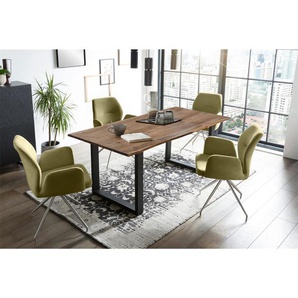 Essgruppe 160x90 cm, Akazien Holz, für 4 Personen, Tisch Nussbaum, Stühle grün - Sitzgruppe, Tischgruppe, Essgarnitur