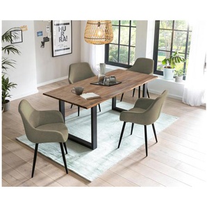 Essgruppe 160x90 cm, Akazien Holz, für 4 Personen, Tisch Nussbaum, Stühle grün - Sitzgruppe, Tischgruppe, Essgarnitur