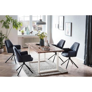 Essgruppe 180x90 cm, Akazien Holz, für 4 Personen, Tisch Akazie, Stühle dunkelblau - Sitzgruppe, Tischgruppe, Essgarnitur