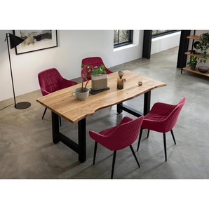 Essgruppe 180x90 cm, Akazien Holz, für 4 Personen, Tisch Akazie, Stühle rot - Sitzgruppe, Tischgruppe, Essgarnitur