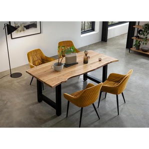 Essgruppe 180x90 cm, Akazien Holz, für 4 Personen, Tisch Akazie, Stühle senfgelb - Sitzgruppe, Tischgruppe, Essgarnitur