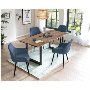 Essgruppe 180x90 cm, Akazien Holz, für 4 Personen, Tisch Nussbaum, Stühle dunkelblau - Sitzgruppe, Tischgruppe, Essgarnitur