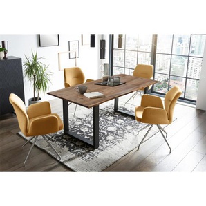 Essgruppe 180x90 cm, Akazien Holz, für 4 Personen, Tisch Nussbaum, Stühle gelb - Sitzgruppe, Tischgruppe, Essgarnitur