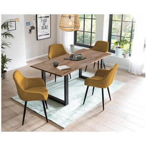 Essgruppe 180x90 cm, Akazien Holz, für 4 Personen, Tisch Nussbaum, Stühle gelb - Sitzgruppe, Tischgruppe, Essgarnitur