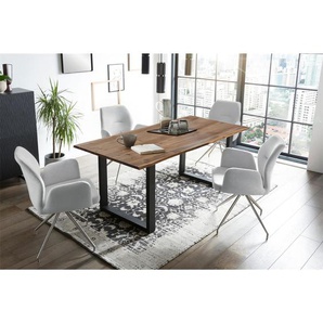 Essgruppe 180x90 cm, Akazien Holz, für 4 Personen, Tisch Nussbaum, Stühle hellgrau - Sitzgruppe, Tischgruppe, Essgarnitur