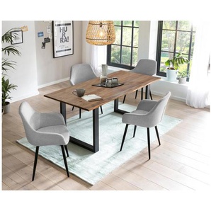Essgruppe 180x90 cm, Akazien Holz, für 4 Personen, Tisch Nussbaum, Stühle hellgrau - Sitzgruppe, Tischgruppe, Essgarnitur