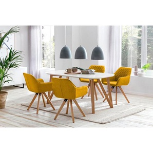 Essgruppe 180x90 cm, Eiche, für 4 Personen, Tisch Weiß, Stühle Gelb - Sitzgruppe, Tischgruppe, Essgarnitur