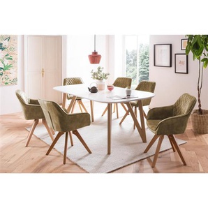 Essgruppe 180x90 cm, Eiche, für 4 Personen, Tisch Weiß, Stühle Grün - Sitzgruppe, Tischgruppe, Essgarnitur