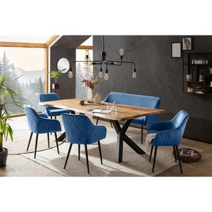 Essgruppe 200x100 cm, Akazien Holz, für 6 Personen, Tisch Akazie, Stühle blau - Sitzgruppe, Tischgruppe, Essgarnitur