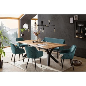 Essgruppe 200x100 cm, Akazien Holz, für 6 Personen, Tisch Akazie, Stühle tannengrün - Sitzgruppe, Tischgruppe, Essgarnitur