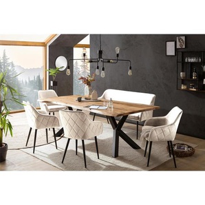 Essgruppe 240x110 cm, Akazien Holz, für 6 Personen, Tisch Akazie, Stühle creme - Sitzgruppe, Tischgruppe, Essgarnitur