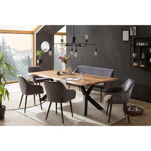 Essgruppe 240x110 cm, Akazien Holz, für 6 Personen, Tisch Akazie, Stühle grau - Sitzgruppe, Tischgruppe, Essgarnitur