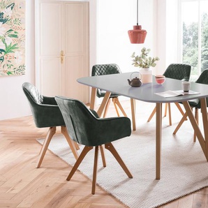 Essgruppe 5-tlg. Tisch 180x90 aus MDF Grau + 4 Stühle aus Samtvelours Dunkelgrün