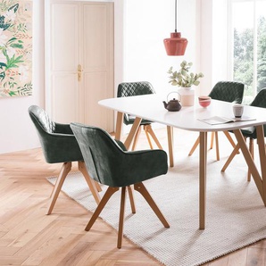 Essgruppe 5-tlg. Tisch 180x90 aus MDF Weiß + 4 Stühle aus Samtvelours Dunkelgrün