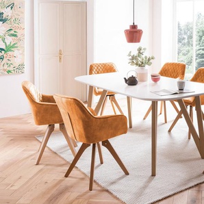 Essgruppe 5-tlg. Tisch 180x90 aus MDF Weiß + 4 Stühle aus Samtvelours Gold