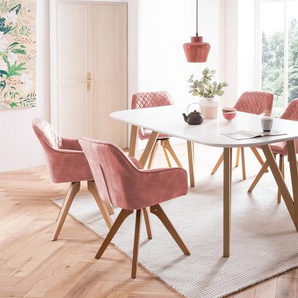 Essgruppe 5-tlg. Tisch 180x90 aus MDF Weiß + 4 Stühle aus Samtvelours Rose