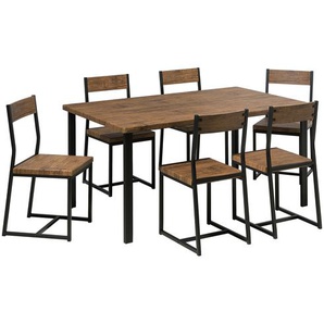 Essgruppe Esszimmer Set 6 Sitzer Schwarz mit Braun Tisch und Stühle MDF Tischplatte Metallfüßen Rechteckig Industriell