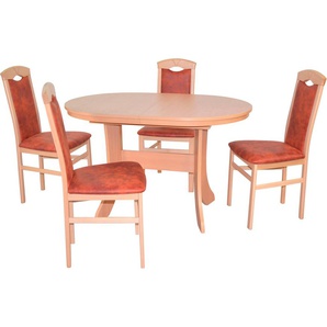 Essgruppe HOFMANN LIVING AND MORE 5tlg. Tischgruppe Sitzmöbel-Sets Gr. B/H/T: 44 cm x 94 cm x 48 cm, Mikrofaser 1, Einlegeplatte, braun (buchefarben, terra, buche, nachbildung) Essgruppen Stühle montiert