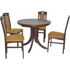 Essgruppe HOFMANN LIVING AND MORE 5tlg. Tischgruppe Sitzmöbel-Sets Gr. B/H/T: 45 cm x 95 cm x 48 cm, Polyester, Einlegeplatte, nussbaum, nachbildung, gelb, nachbildung Essgruppen Stühle montiert