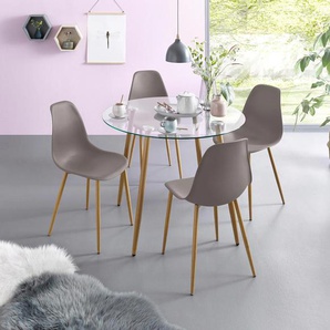 Essgruppe INOSIGN Miller, grau (hellgrau), Tisch rund, Sitzmöbel-Sets, Glastisch mit 4 Stühlen (Kunststoffschale)