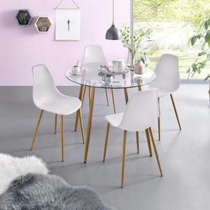 Essgruppe INOSIGN Miller, weiß, Tisch rund, Sitzmöbel-Sets, Glastisch mit 4 Stühlen (Kunststoffschale)