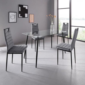 Essgruppe INOSIGN Sitzmöbel-Sets Gr. B/H/T: 48 cm x 98 cm x 53 cm, Samtstoff Velvet, grau (grau, schwarz) Essgruppen Glastisch, Breite 140 cm und 4 Esszimmerstühlen, Bezug aus Samtstoff
