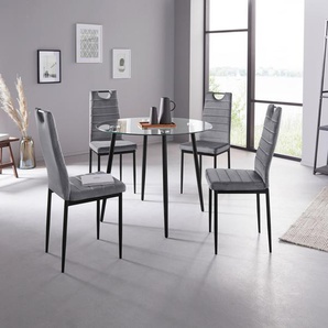 Essgruppe INOSIGN Sitzmöbel-Sets Gr. B/H/T: 48 cm x 98 cm x 53 cm, Samtstoff Velvet, grau (grau, schwarz) Essgruppen runder Glastisch, Ø 100 cm und 4 Esszimmerstühlen, Bezug aus Samtstoff