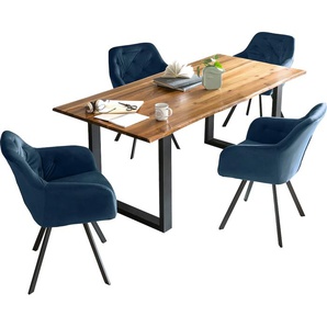 Essgruppe SALESFEVER Sitzmöbel-Sets Gr. Samt, 180-90 + Drehfunktion, blau (cognac, blau, schwarz, schwarz) Essgruppen